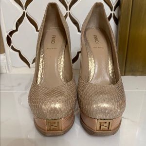 FENDI Beige Python Platform Gold Textured Snakeskin Heels Size 40